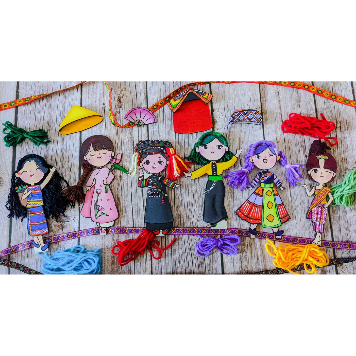 BỘ TRANG TRÍ BÚP BÊ TỪ GỖ | Ethnic Wooden Dolls Decoration Kit