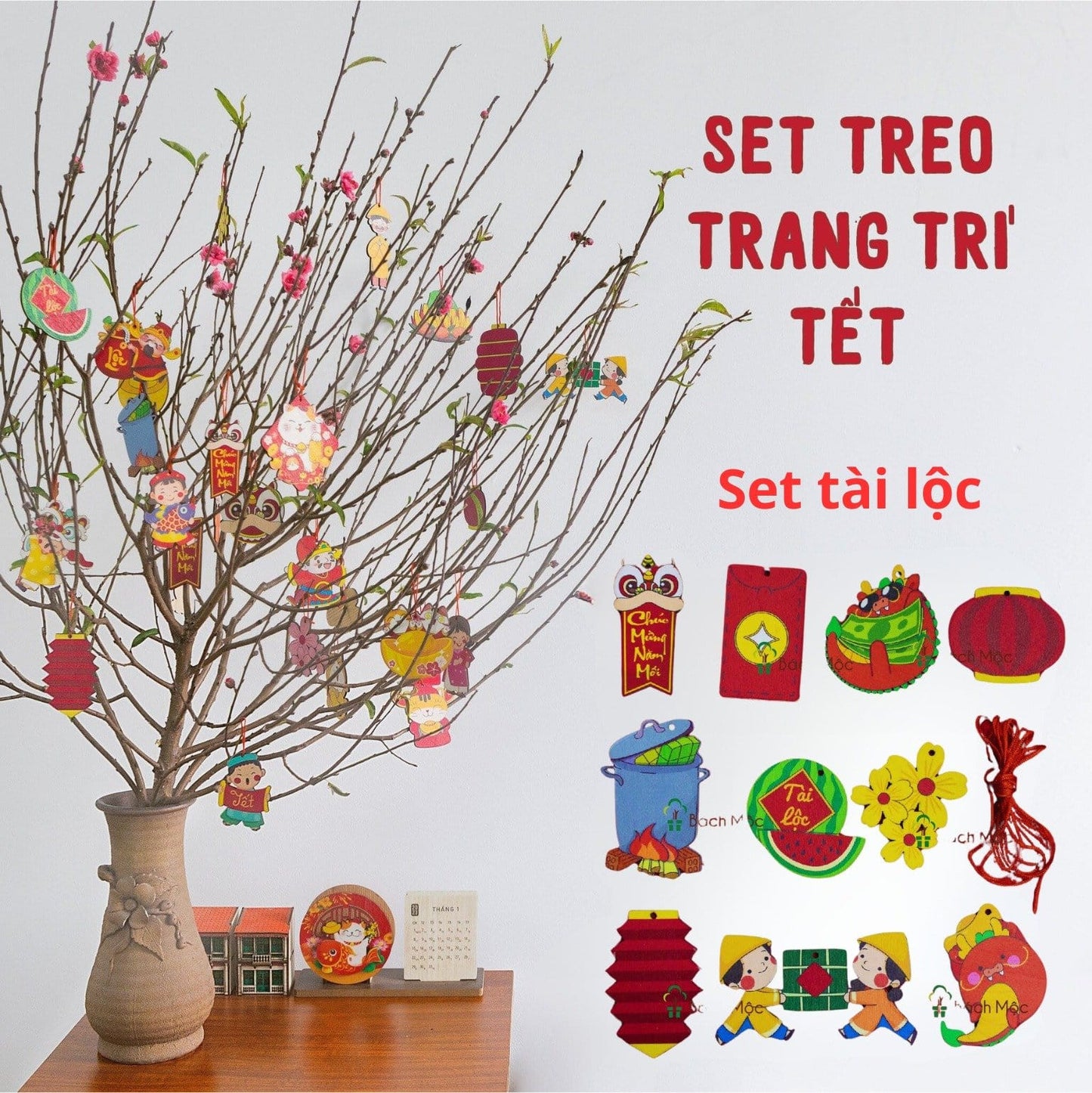 21 Tet wooden hanging tags | Set treo trang trí Tết - 21 miếng
